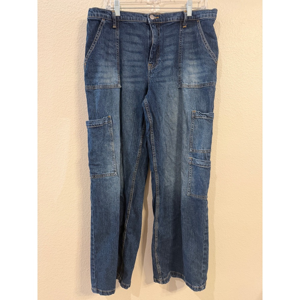 No Boundaries Womens XL 16-18 Blue Cargo Jeans Wide Leg Elastic Back Denim Pants